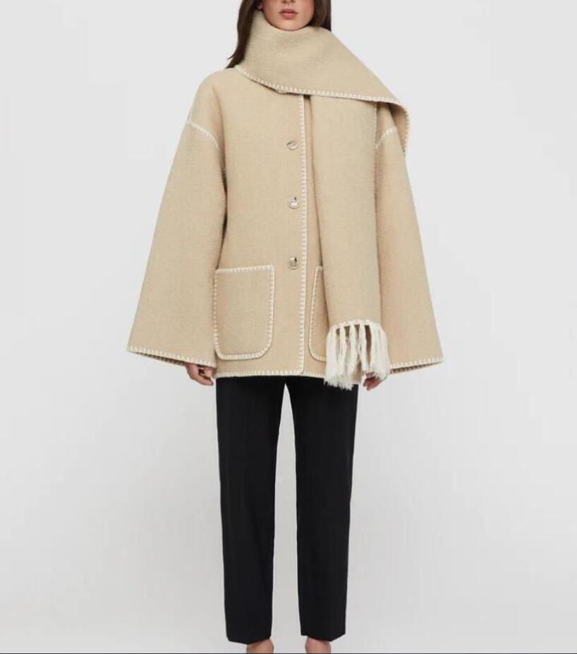 

21fw toteme single breasted tassel scarf wool coat camel/black, Khaki