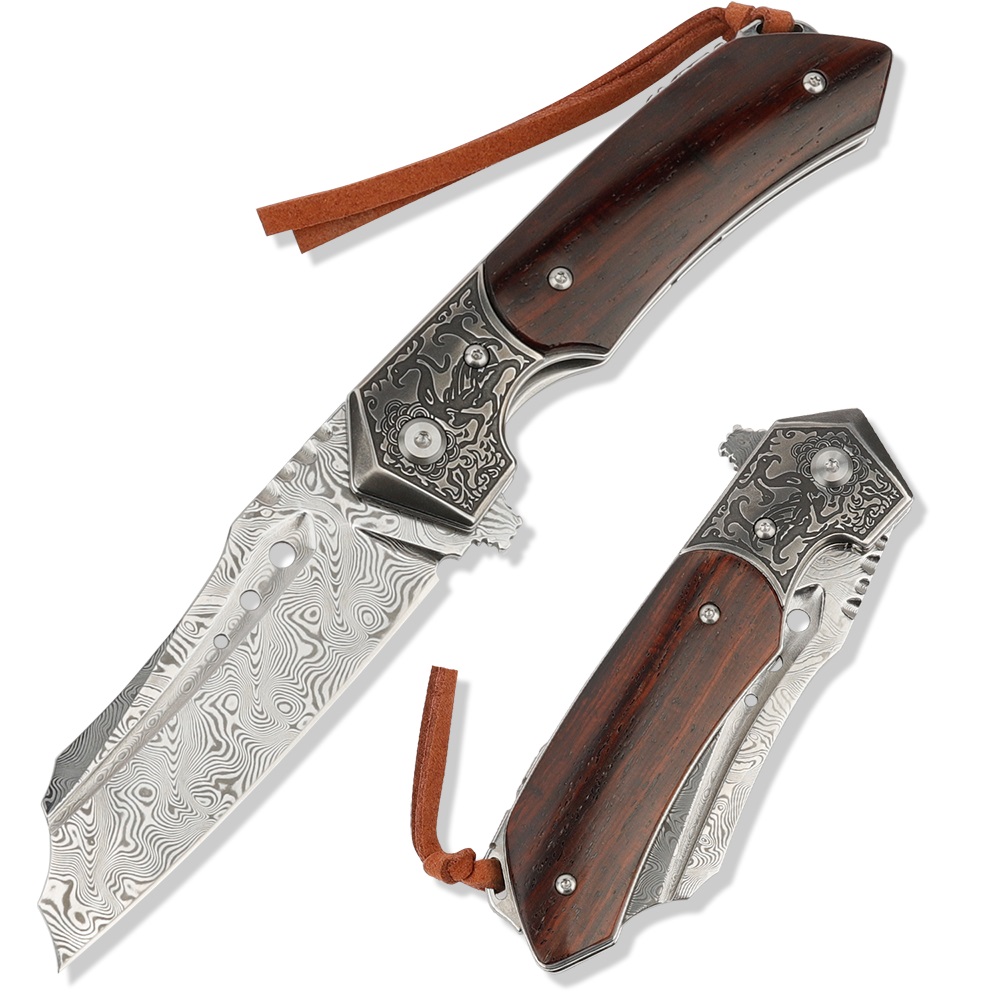 TRIVISA Folding Knife with Sheath EDC Survival Japanese Style Damascus Knives for Outdoor Activities Hiking Self Defense Gift-image-820496248