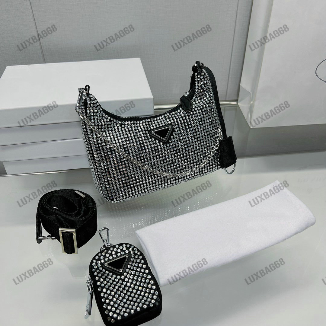 

Re-Edition 2005 All-Over Crystal Shoulder Bag Re-Nylon Crystal-Embellished Satin Crossbody Women Classic 2 Sets Bag With Pouch, #01