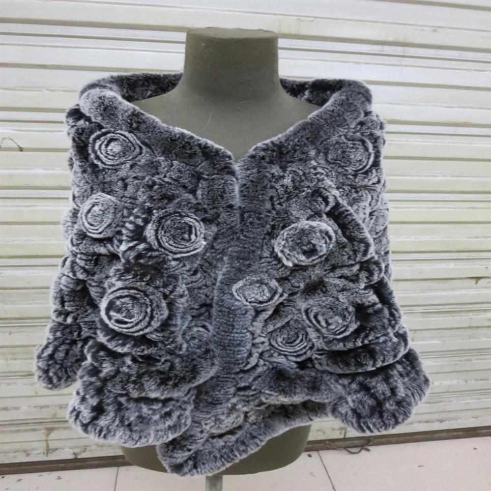 

Real Rex Rabbit Fur Knitted Semicircle Rose Poncho Wrap Shawl cape 2Colors300y
