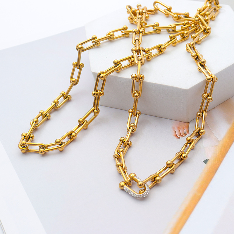

European and American fashion U-shaped horseshoe buckle thick necklace fashionable versatile ins street hip-hop sterling silver collarbone chain