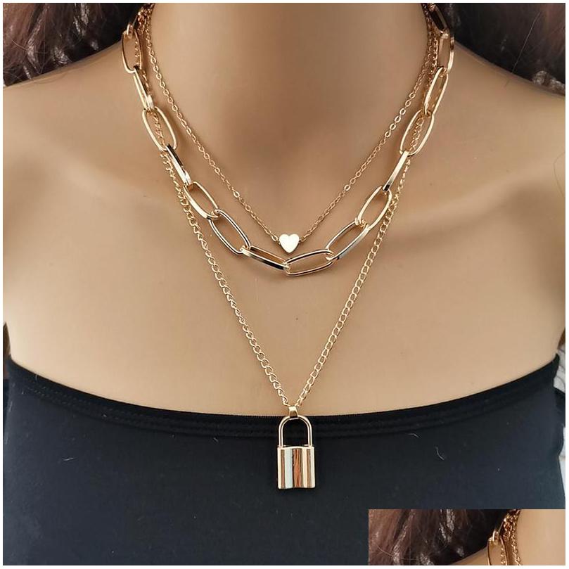 

Pendant Necklaces Punk Style Lock Necklace Heart Pendant Mtilayer Women Personality Fashion Statement Necklaces Gift Gold Sier Link Dhz1Y