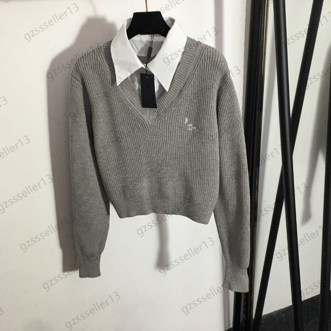 

Womens Sweaters Shirt Collar Fake Two Pieces Buttons Spliced Knit Sweater Letter Embroidery Long Sleeve Slim Short Knitwear British Style Designer Women Wear