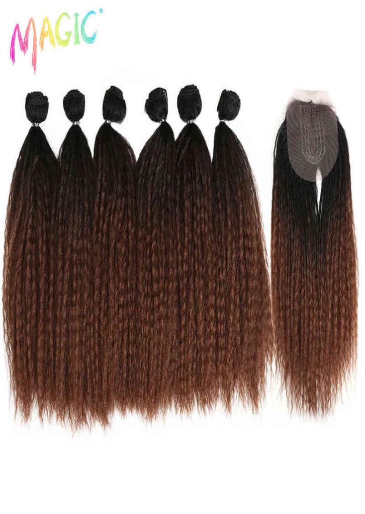 

Magic 16 inch Afro Kinky Straight Hair Weave 6 Bundles With Closure Ombre Brown 7pcs Synthetic Hair Extensions For Black Women H22