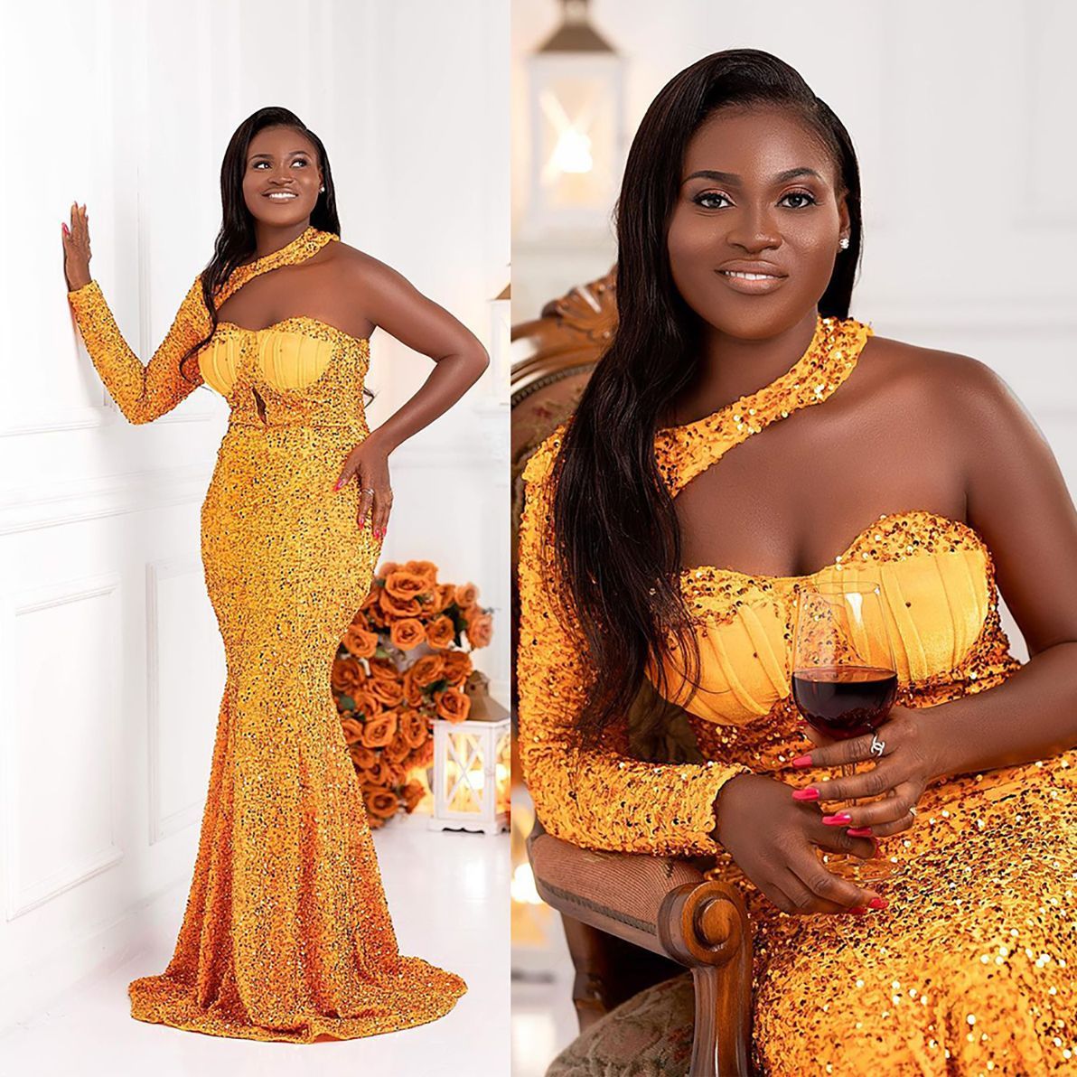 2023 Yellow Sequined Mermaid Prom Dresses Elegant Beaded Satin Overskirt One Shoulder Formal Evening Party Gowns