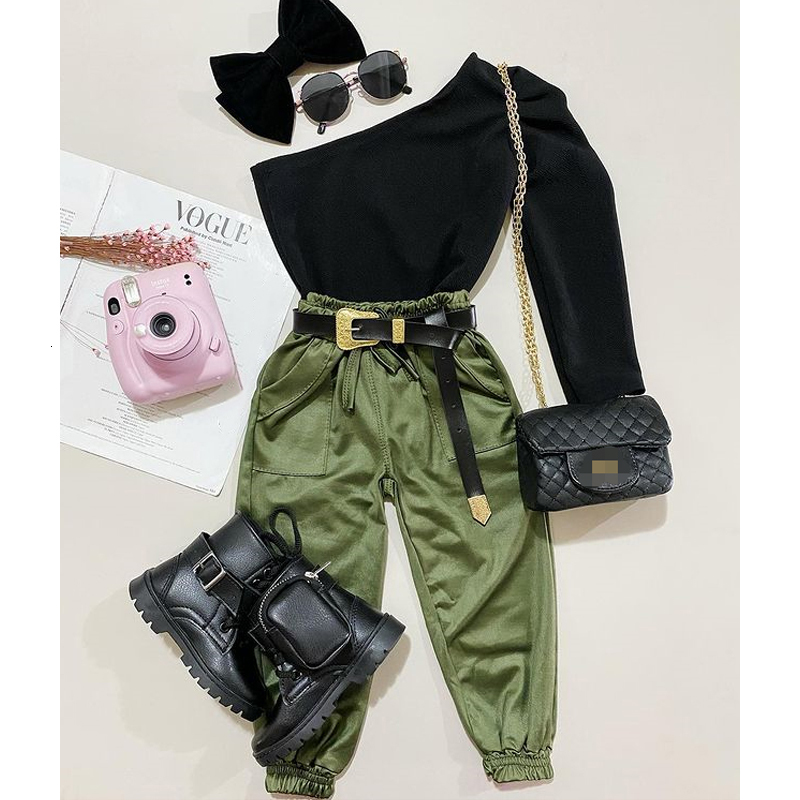 

Clothing Sets 2 7Y Kids Girls Fashion Clothes Baby One Shoulder Long Sleeve T shirt Pocket Loose Pants Summer Autumn Children Outfits 221118, Black