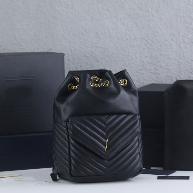 

Quilted Backpack Chain Handbag Women Travelling Bag Classic Lettering Metal Hardware Cowhide Genuine Leather Chain String Open Lady Hand Bags, Black