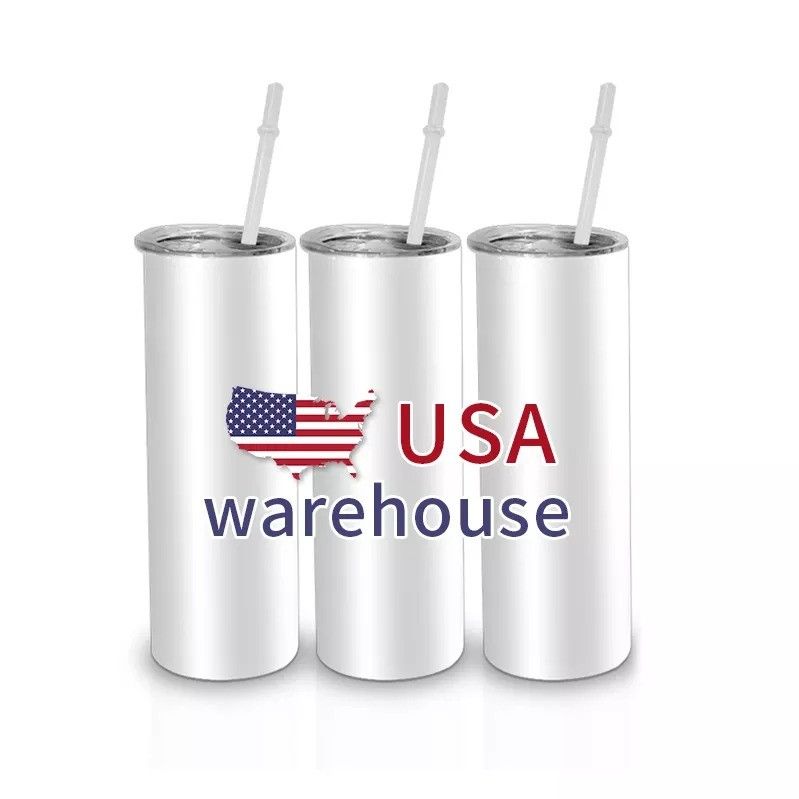 

US Warehouse 20oz Sublimation Blanks Straight Tumblers Stainless Steel Double Wall Vacuum Flask Coffee Mugs Car Water Cups with lids and straw, White
