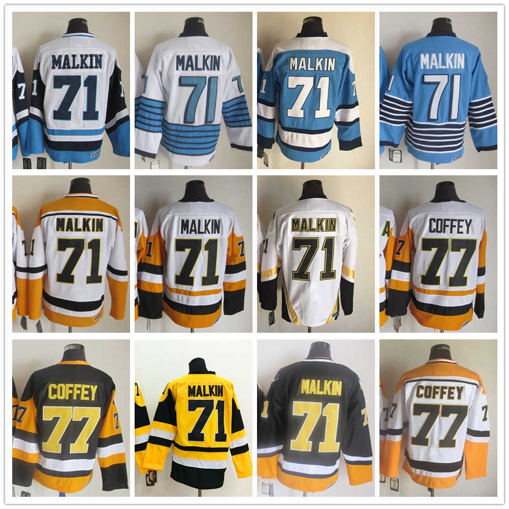 

Pittsburgh''Penguins''New Retro Ice Hockey Jerseys 77 Paul Coffey 71 Evgeni Malkin Jersey, Same as picture (with team name)