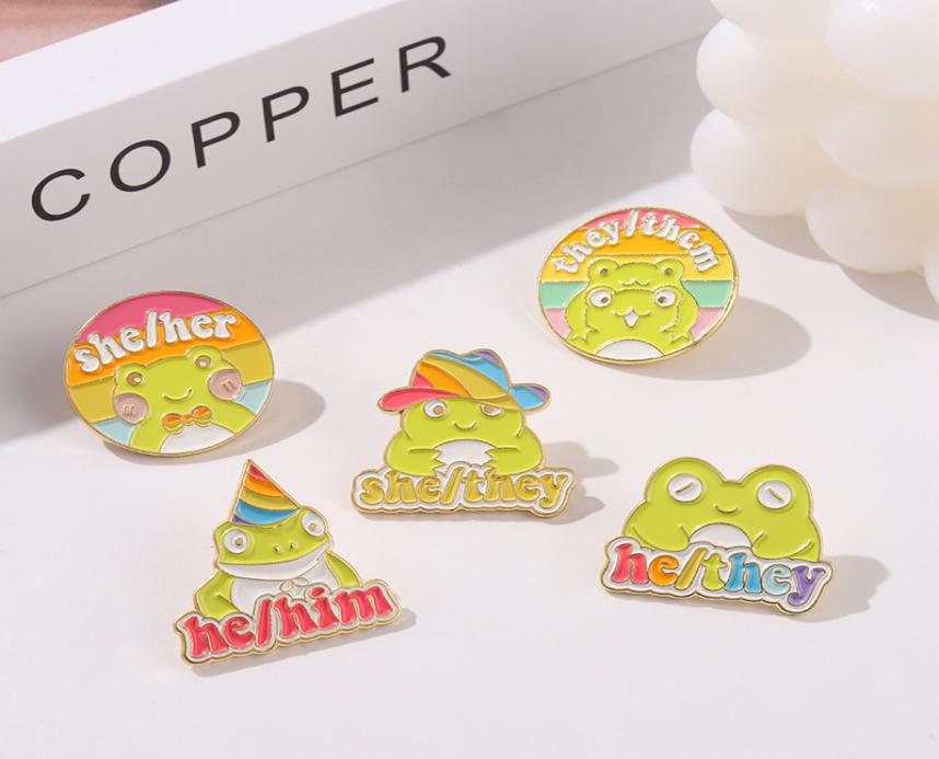 

Cartoon Frog Enamel Pin Colorful Rainbow Hat Personal Pronoun Custom Brooches Whole Badge Jewelry Accessories Gift Kids9133569, Mixed colors