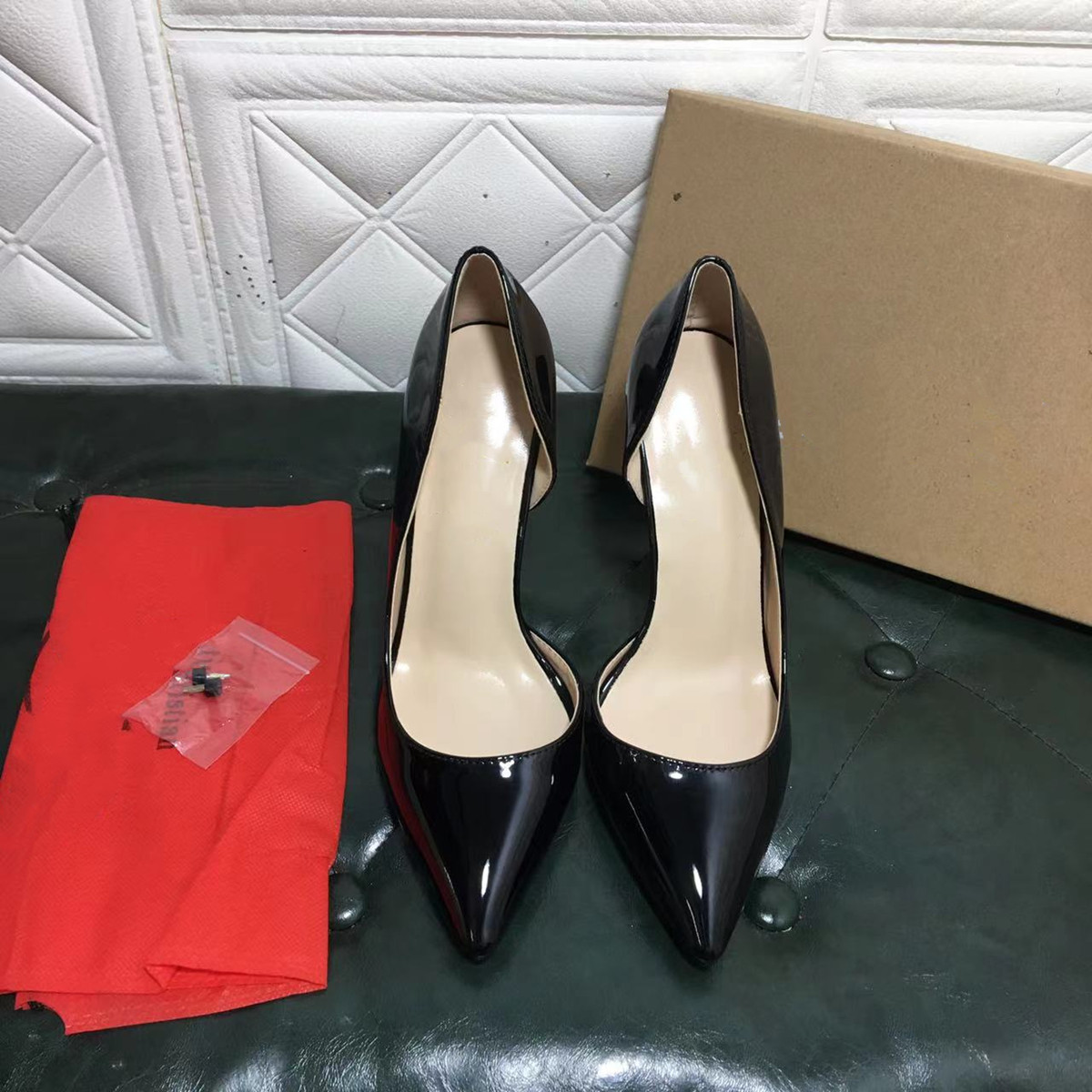 

22 Brand Pumps High Heel Shoes Wedding Shoe Real Leather Sexy Pointed Toes Women Nude Black Side dew Patent Leathers 8 10 12Cm Size 34-44, Extra box