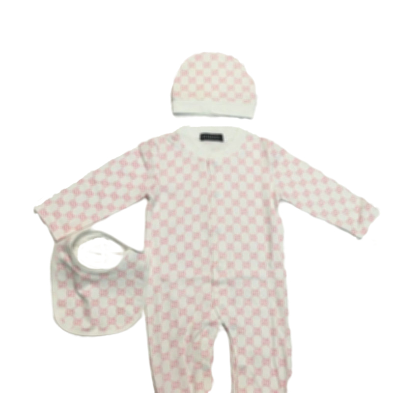 

kids designer Romper baby boy girl Long sleeve crew neck cotton clothes newborn Children sweater one-piece onesies luxur letter Jumpsuits hat 3pc, Pink