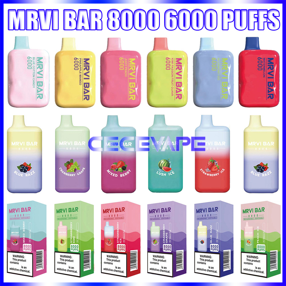 

Original Mrvi Bar 8000 6000 Puffs Disposable Vape Pen E Cigarette With Rechargeable 650mAh Battery Prefilled 15ml 13ml Pods Big Vapor Puff Elf Box