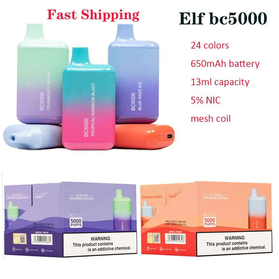 

ELF BC5000 5000 Valid code E Cigarettes Bar 13ml MESH Coil Pods bars 650mah Recharged Battery disposable Vapes Box