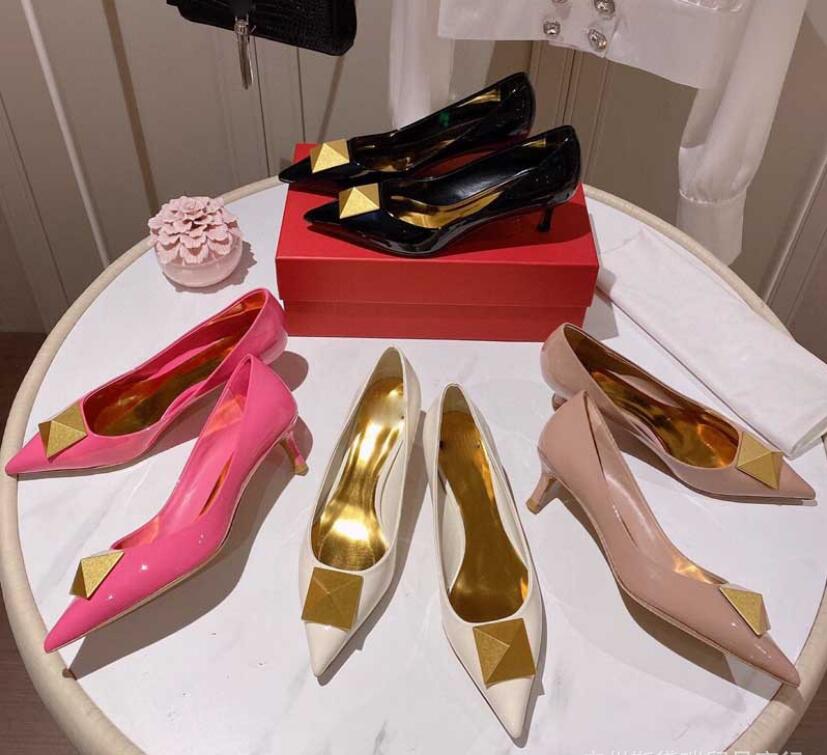 

Autumn Women's High Heels 2022 New Dress Shoes Metal Large Rivet Pumps Single Shoes Women Pointed Toe Bright Cow Leather Thin Heel Shallow Shoe With Box, 8cm heels