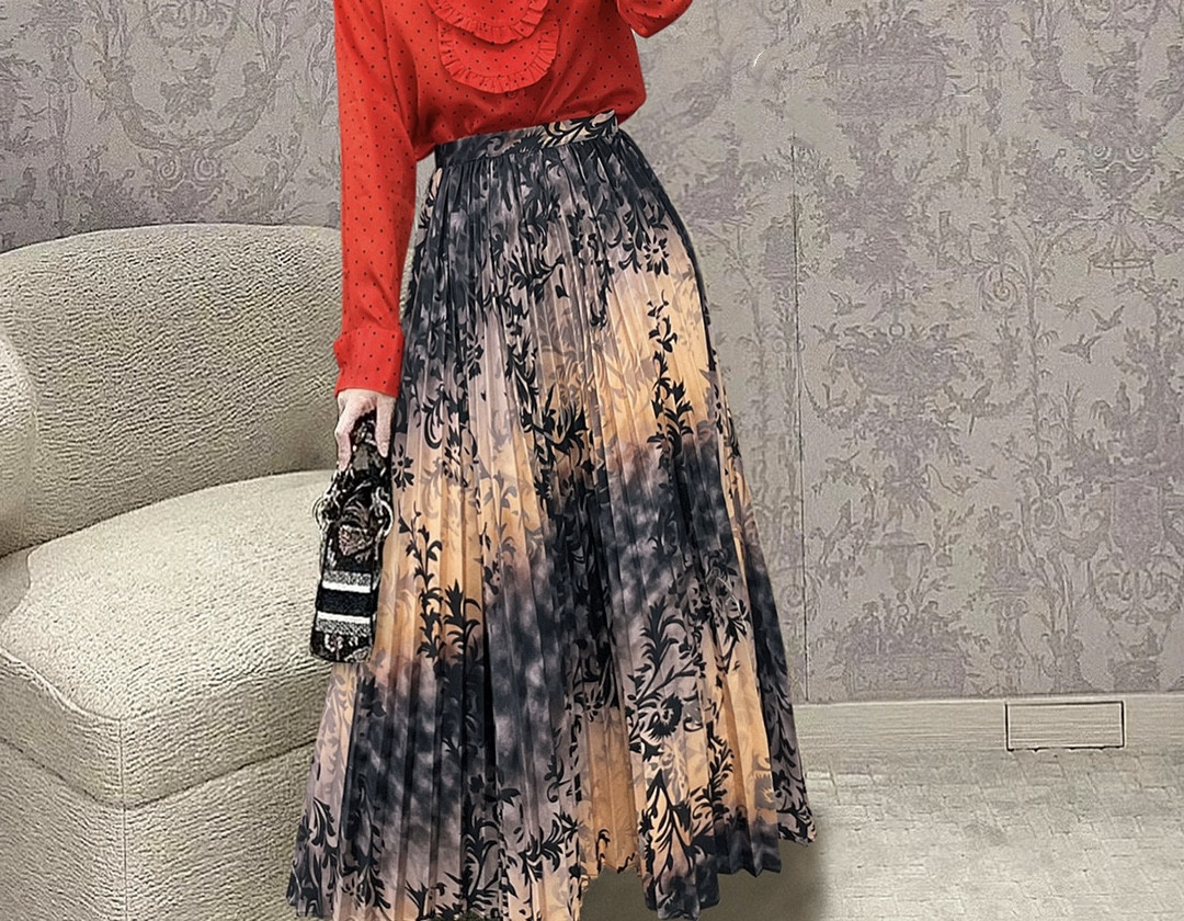 

Skirts New 2023 early spring luxury designer designed canvas cotton digital positioning printed pleated skirt, Khaki
