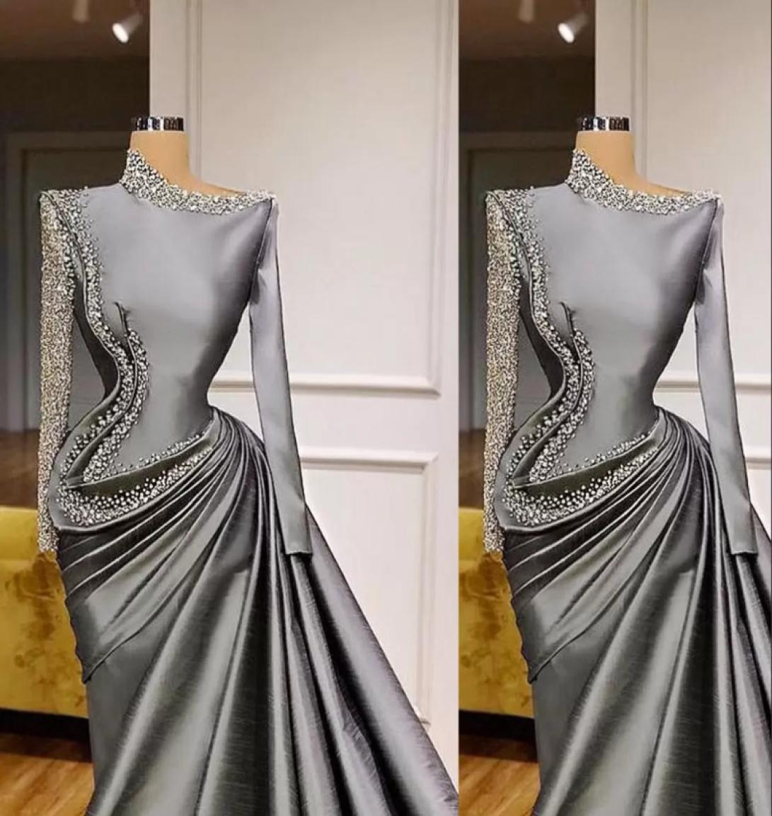 

2022 Mermaid Gray Saudi Arabic Long Sleeves Evening Dresses Wear Major Beading Sequins Taffeta Prom Dress vestidos de fiesta Forma8496136