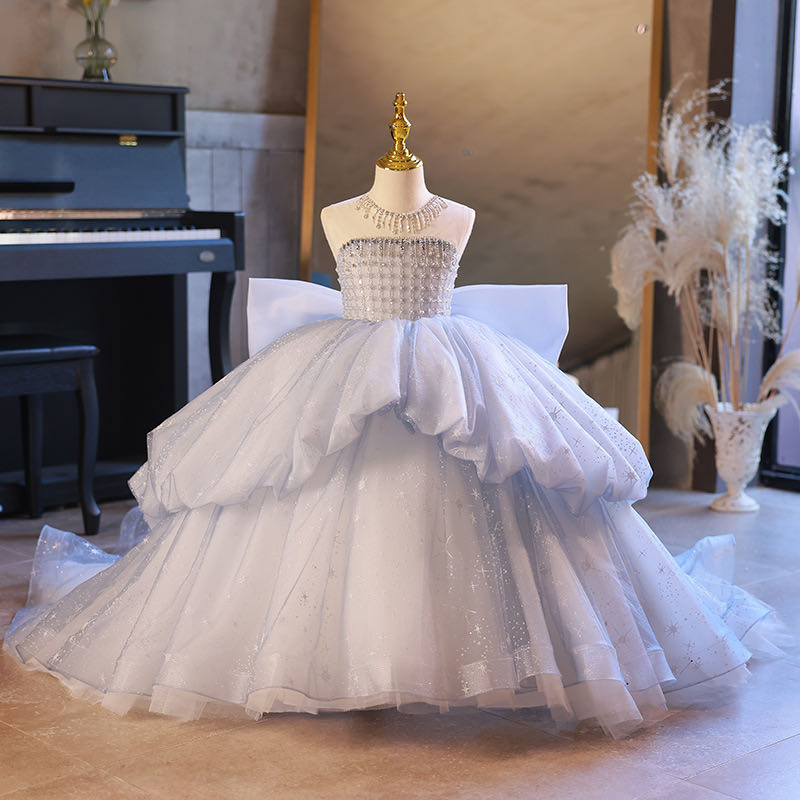 Mignon Fleur Filles Robes Pour Mariage Dentelle Sans Manches En Cristal De Perles Collier Chapelle Train Tulle Fête D'anniversaire Robe Enfant Pa