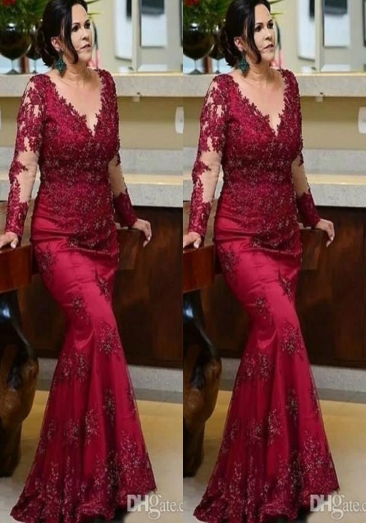 

Vintage Burgundy Long Sleeves Prom Mother of the Bride Dresses 2022 Plus size Lace Beaded Sequin Evening Red Carpet Formal Gowns D2156425