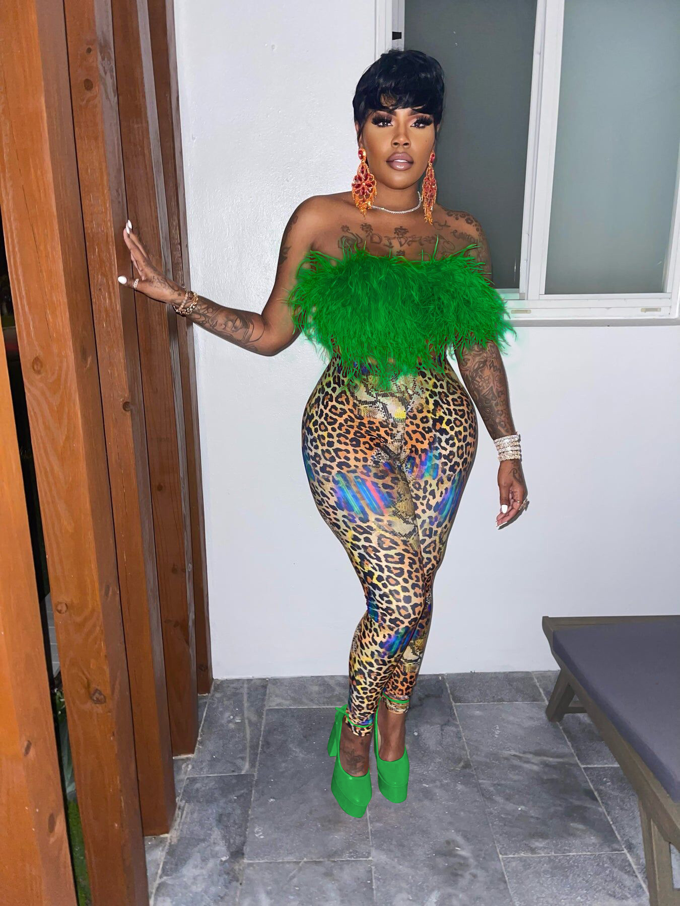 

Women s Two Piece Pants Patchwork Feather Tube Top Set Women Rave Party Fashion Outfit Backless Crop Leopard Print Leggings Sexy Outfits 221119, Orange