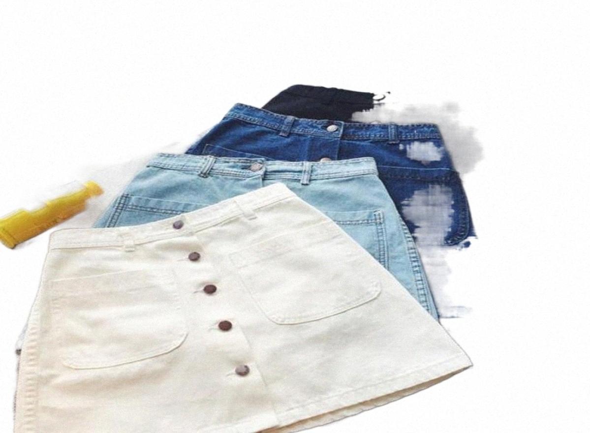 

skirts 2021 Summer Womens Ladies ALine Pencil Jeans Skirt Front Button High Waist Denim Small Pockets Black White Z6wR3616673, Sky blue