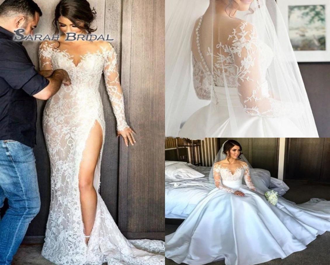 

2019 Satin Sheath Bride Dress with Overskirt Hight Split Beach Sexy Long Sleeves Backless Evening Wear Formal Gown Highend Weddin2151868, Champagne
