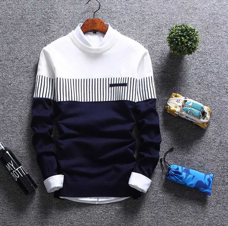 

Striped Sweaters Men Crew Neck Pullover Tops Half Blue White Winter Knitted Sweaters Long Sleeve