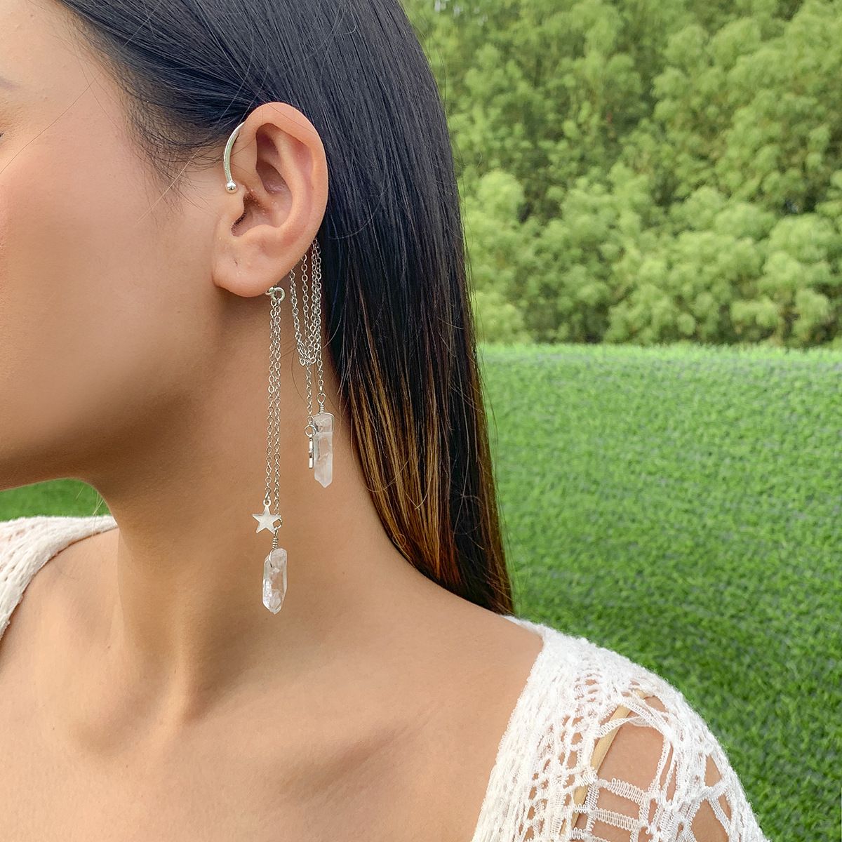 

Ear cuff Earrings sweet fresh star fringe with retro imitation crystal pillars earless accessories