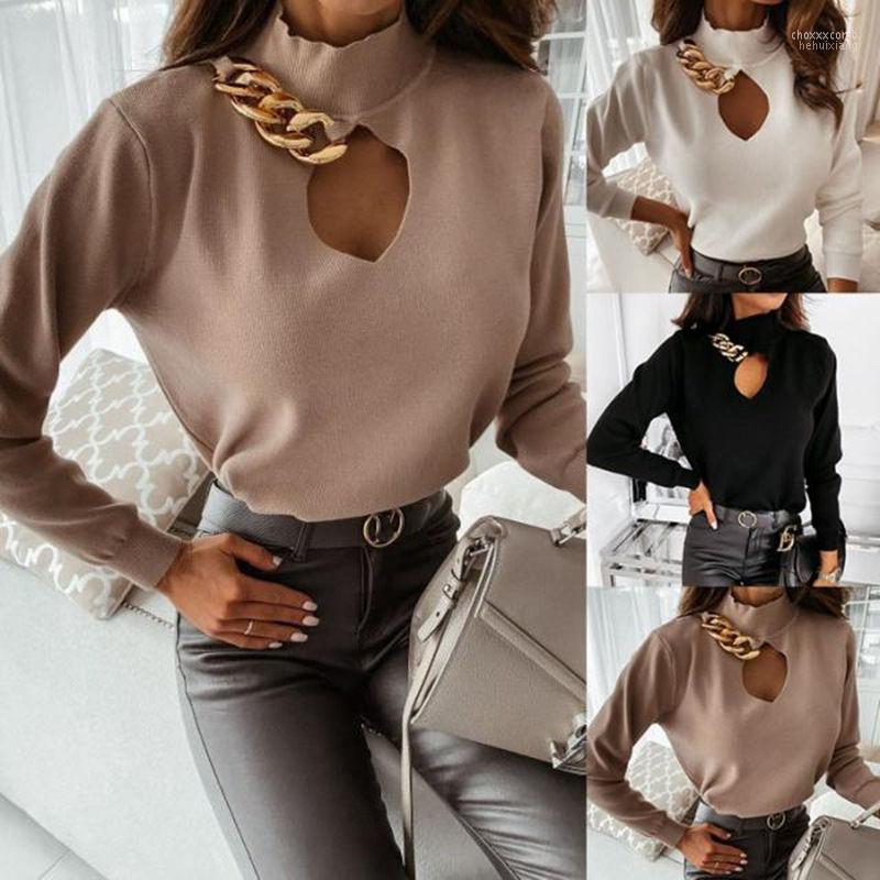 

Women's Sweaters Women's Women 2022 Ladies Long-sleeved High-collar Chain Decoration Hollow Bottom Blouse Top Autumn Spring Formal, Black
