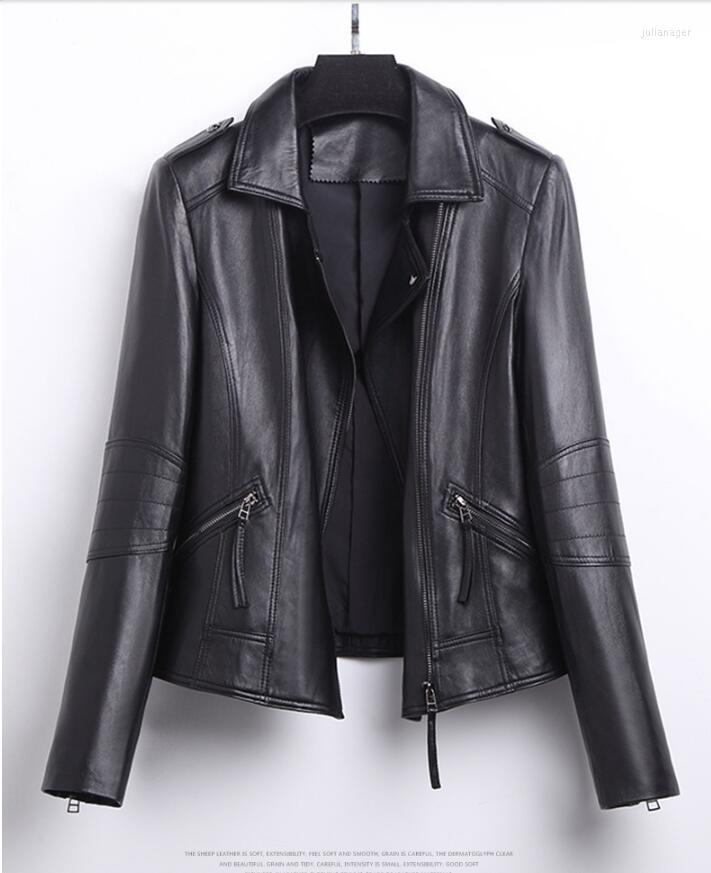 

Women's Leather Jacket Women Real Genuine Sheepskin Bomber Jackets Spring Autumn Motocycle Plus Size Coat 2905 MF660, Black