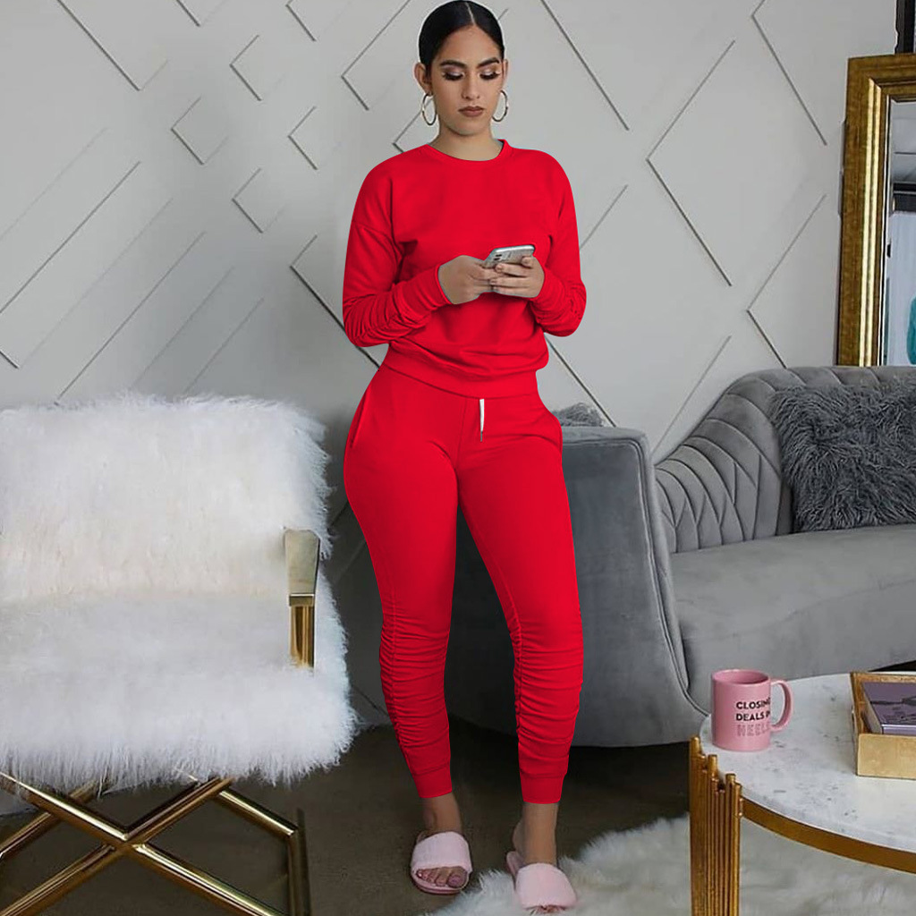 

Women s Two Piece Pants Fashion Women 2 Pieces Set Tracksuits Long Sleeve Solid Color Pullover T shirt High Waist Lace up Pant Outfits 221119, Pink