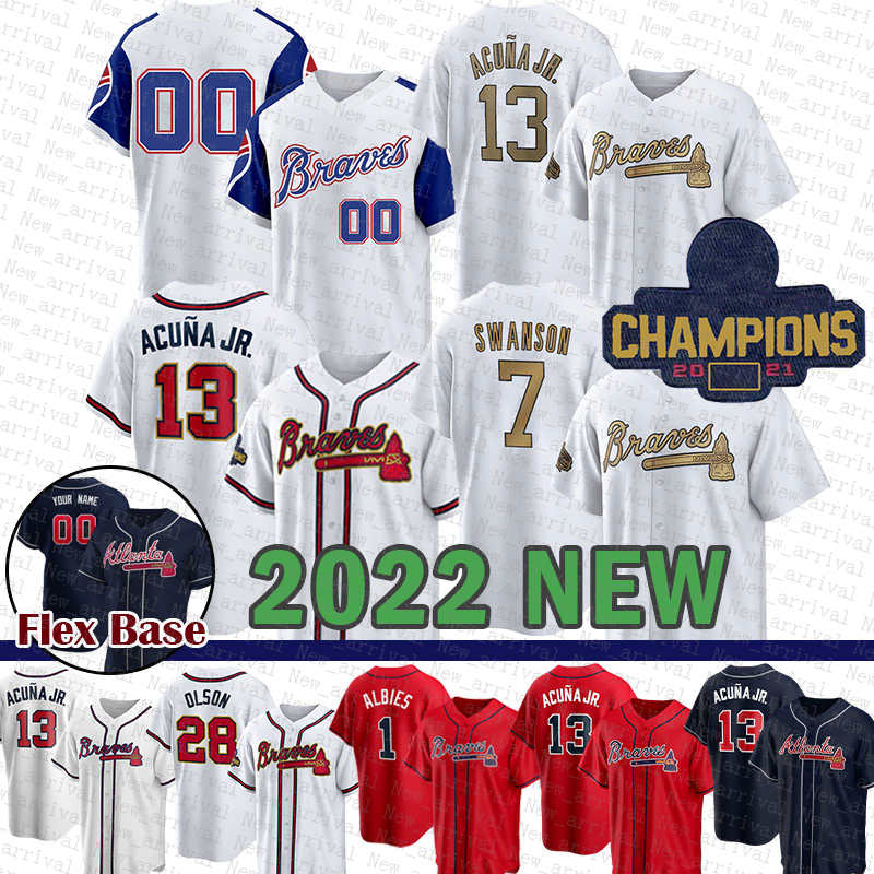 

2022 2023 New Atlanta Baseball Jersey Braves 13 Ronald Acuna Jr. 7 Dansby Swanson 28 Matt Olson 1 Ozzie Albies 27 Austin Riley 16 Travis d'Arnaud 44 Hank Aaron 54 Max Fried, Flexbase(yongshi