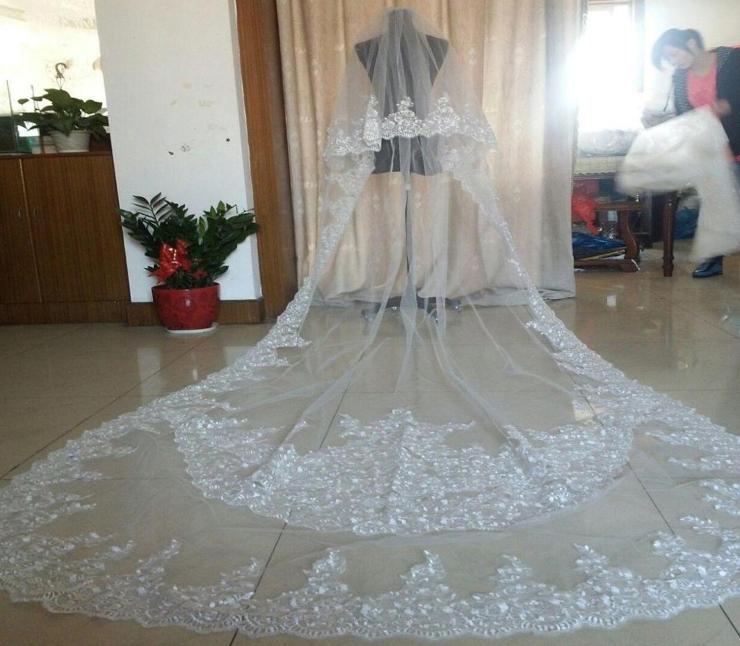 

Custommade Stunning Beaded Wedding Veils 2016 Eifflebride with Embellished Lace Applique Edge Two Layer About 3 Meter Long Bridal3965941, Ivory