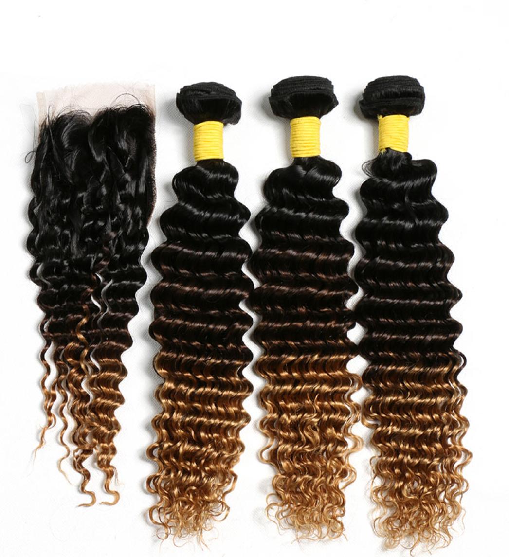 

T 1B427 Deep Wave Remy Human Hair Weft Bundles With 4x4 Lace Closure, Ombre color