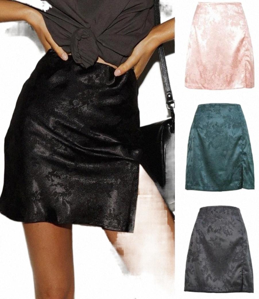 

women Split Skirt Sexy Jacquard Satin High Waist Zip Mini Party Black Ladies Short Beach Skirts h0IO8949385