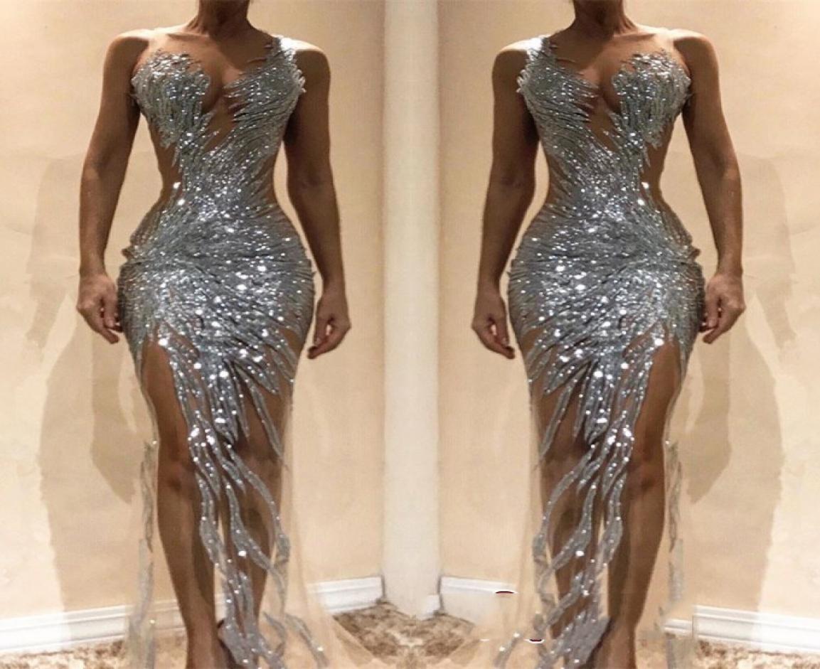 

Sexy Silver Sequins Beaded Mermaid Formal Prom Dresses 2019 Custom Made Sleeveless Sheer Neck Side Split Evening Party Gowns 9323981, Light purple