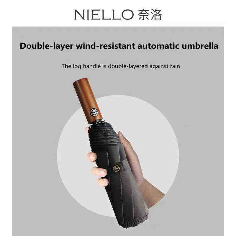

Niello 3 Fold Double Automatic Umbrella Solid Wood Handle Gift Foldable Windproof Sunny Rain Dual Use J220722