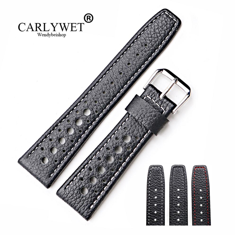 

CARLYWET 20 22mm Real Calf Leather Handmade Black with White Red Stitches Wrist Watch Band Strap Belt237h