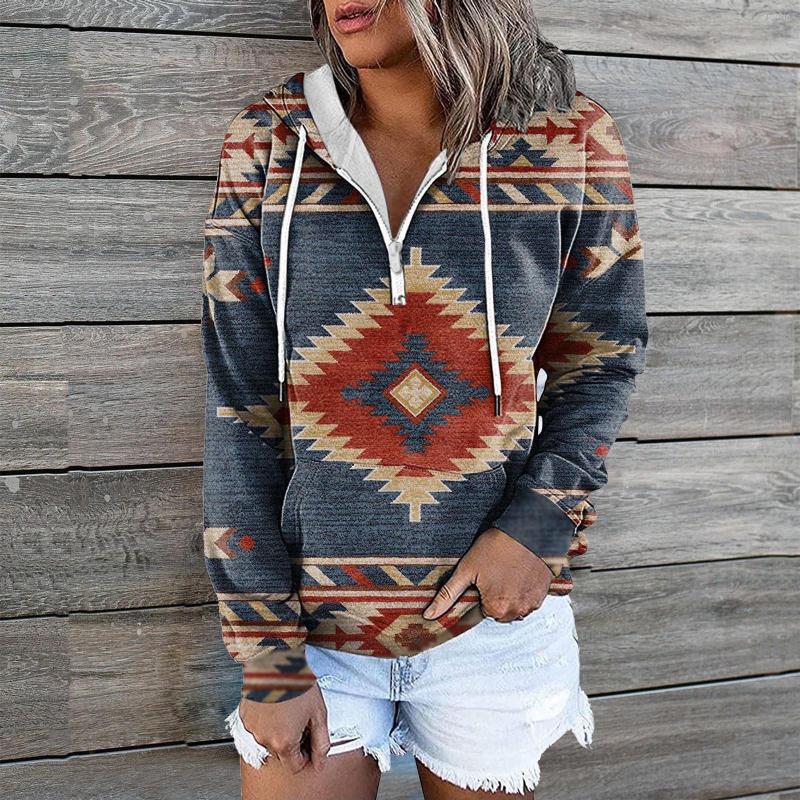 

Gym Clothing Vintage Print Hooded Sweatshirts Women Casual Spring Autumn Aztec Long Sleeve Zip Sweatshirt Hoodies, Black
