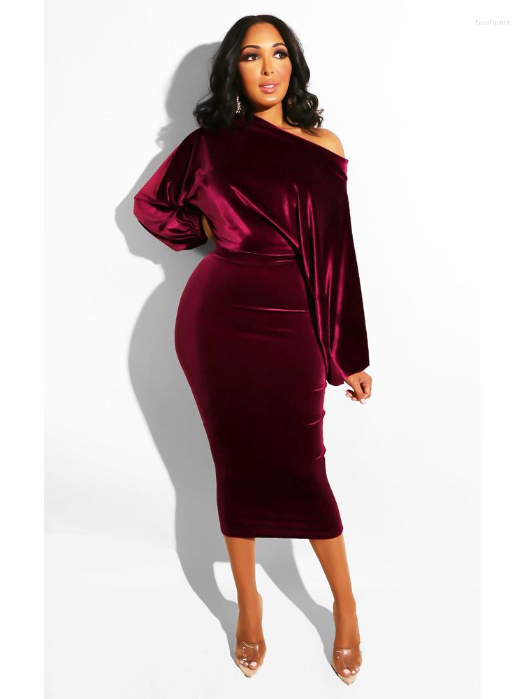 

Casual Dresses Autumn Elegant Velvet Evening Dress Women Sexy One Off Shoulder Long Sleeve Bodycon Party Midi 2022 Winter Clothes, Brown