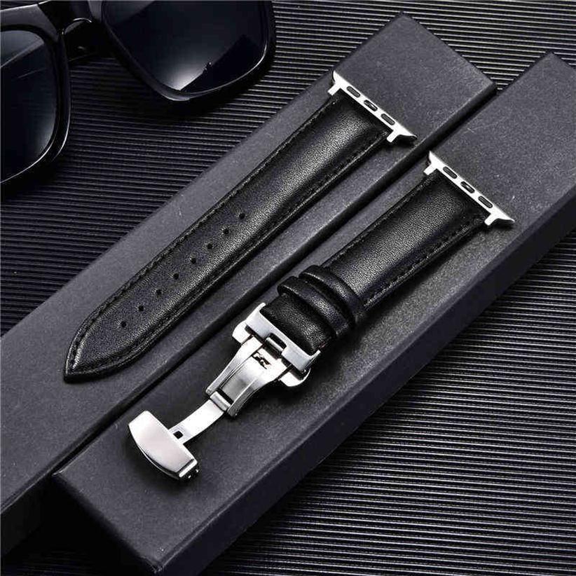 

Casual Leather Watch Band for Apple Watch 6 5 4 3 SE Butterfly Buckle Straps 38mm 40mm 42mm 44mm Bracelet for iwatch H1123309g