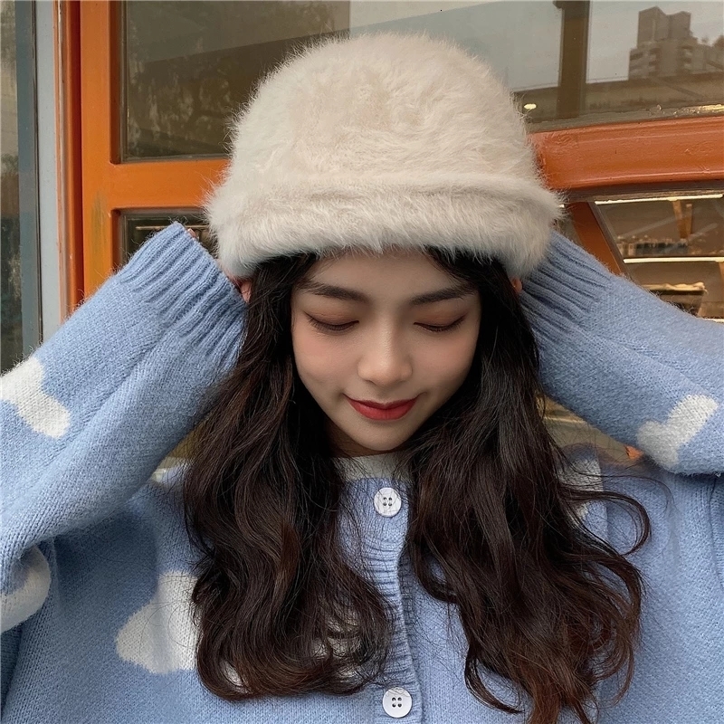 

Wide Brim Hats Bucket Winter Solid Color Rabbit Fur For Women Fashion Fisherman Outdoor Soft Warm Basin Cap Lady Girl Panama 221119, Green