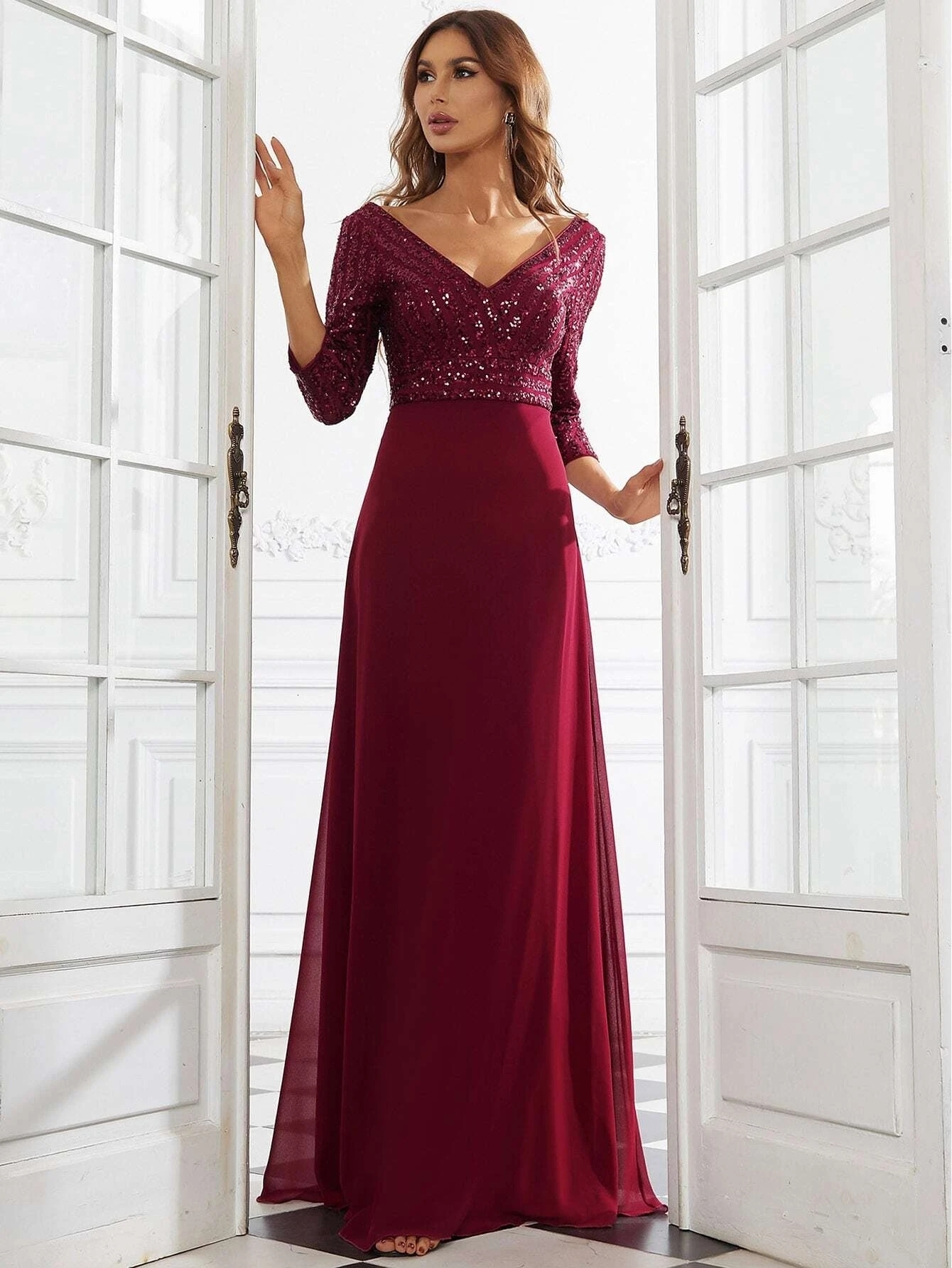

Party Dresses Elegant Evening Long V Neck A Line Floor Length Gown Ever Pretty of Contrast Sequin Chiffon Simple Prom Women Dress 221119, Orchid