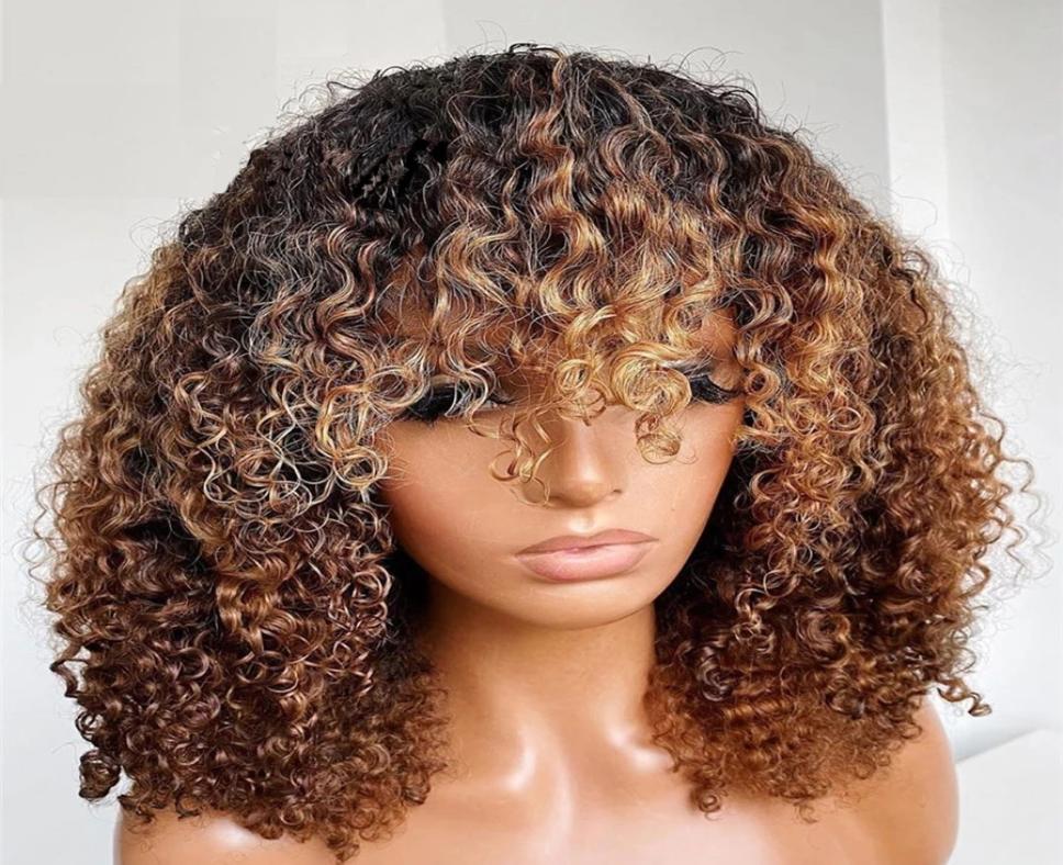 

Highlight Short Bob 13x6 transparent Lace Front Wigs with Bangs 180Density Fringe Full Laces Human Hair Wig for Women curly 360 Fr5493880, Ombre blonde color