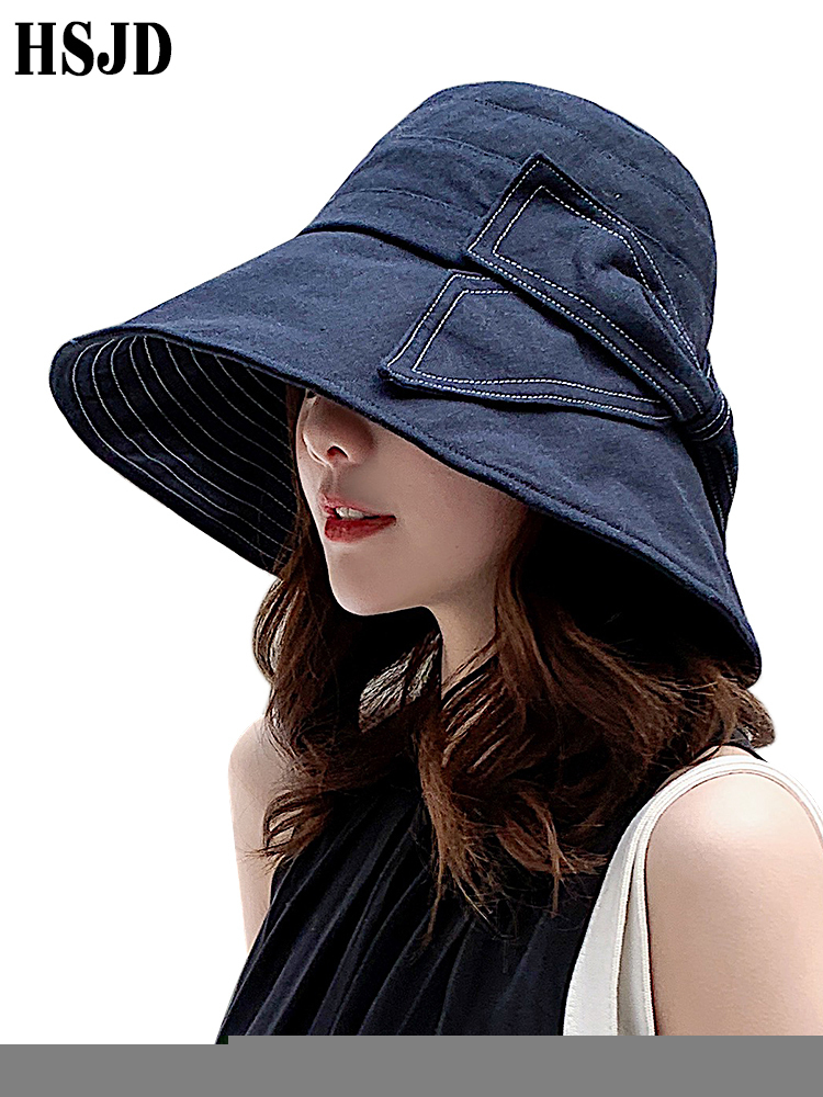 

Wide Brim Hats Bucket Fashion Bow Denim Blue Sun Hat Summer Women Anti UV Beach hat Cotton Bowknot Foldable Fisherman Cap 221119, Black