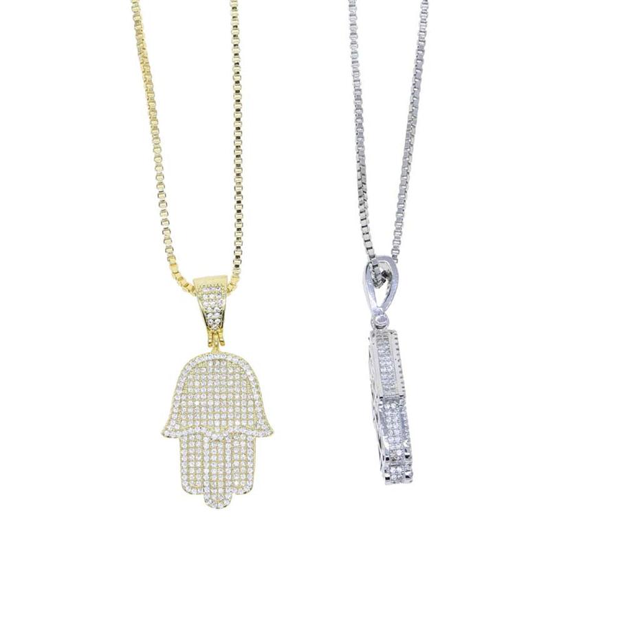 

Boy Men Fatima Hamsa Hand Pendant Necklace Iced Out 5A Bling Cubic Zircon Thin Chain Hip Hop Gift Turkish Luck Jewelry248B