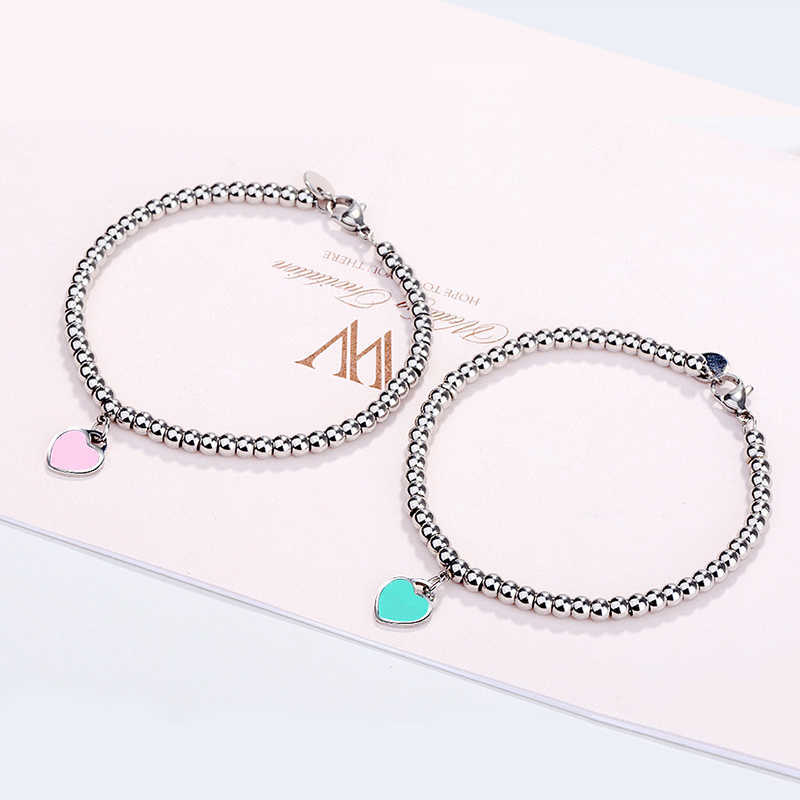 

10MM Heart Bracelet Women Stainless Steel 4mm Beaded Strands Bracelets Chain on Hand Gifts for Girlfriend Accessories Pink Red Green Blue