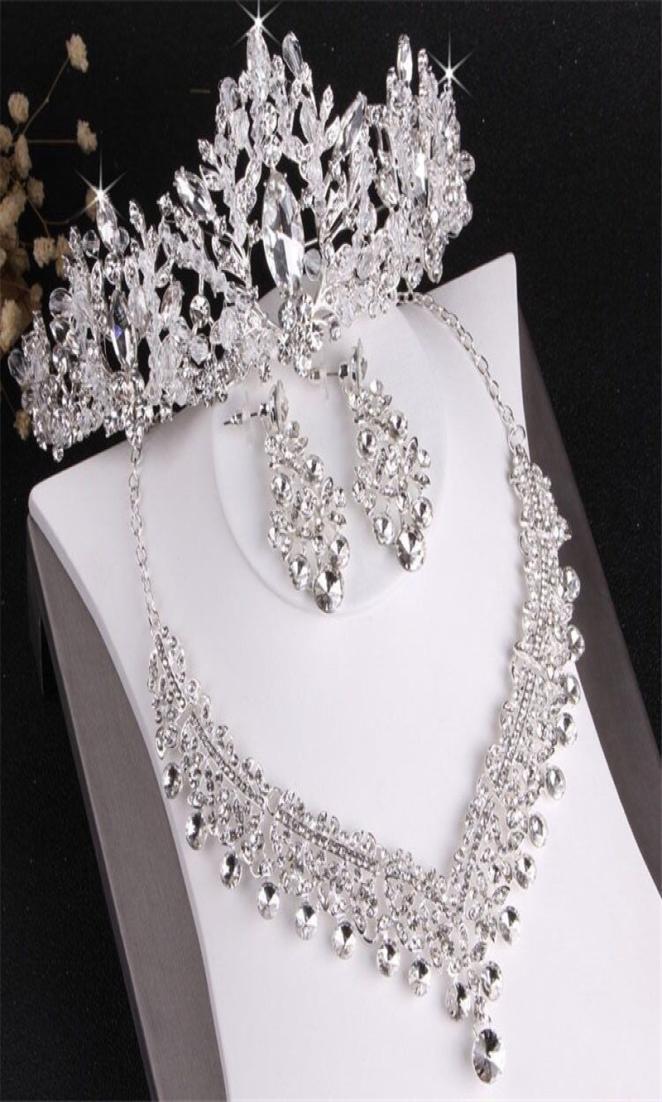 

Bride wedding crown necklace earrings threepiece set designer white crystal jewelry set handmade fine craft headpieces5309530