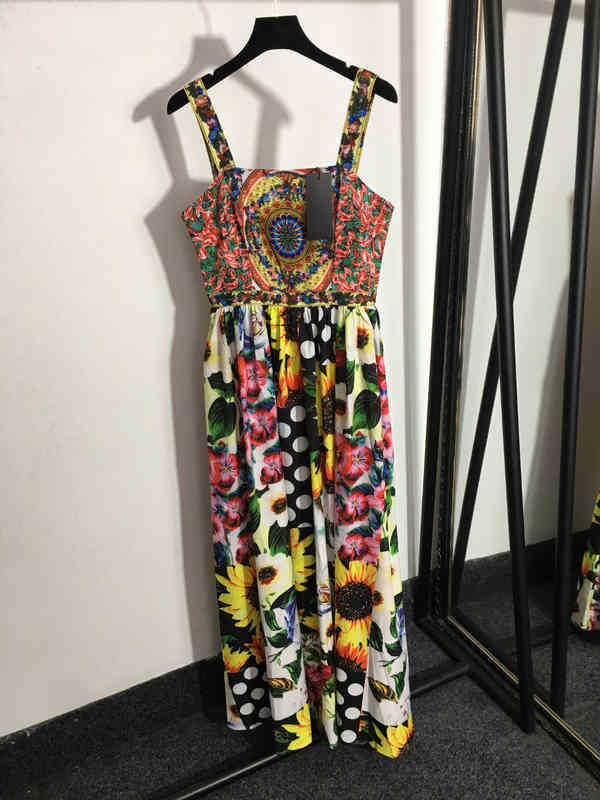 

Women Designer Dress Sicilian Vintage Style Flowers Chrysanthemum Polka Dot Print Sling Dress Luxury Women Dresses For Wedding Party