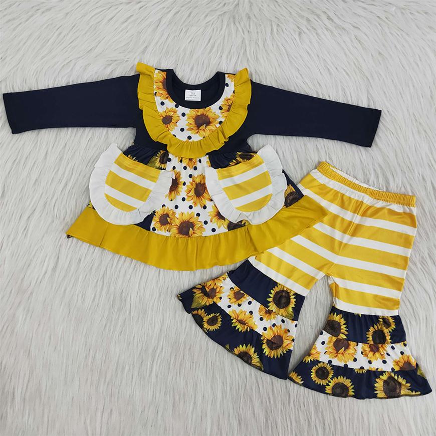 

Kids Designer Clothes Girls Sunflower Long Sleeves Top Pocket Fall Outfits Whole Children Clothing Baby Girl Boutique Clothing297P, Multi